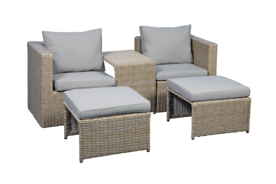 Modulrt utendrs loungesett, med 1 sofa, 1 bord, 2 krakker, beige stoffputer - brun PE-rot (sett med 5)