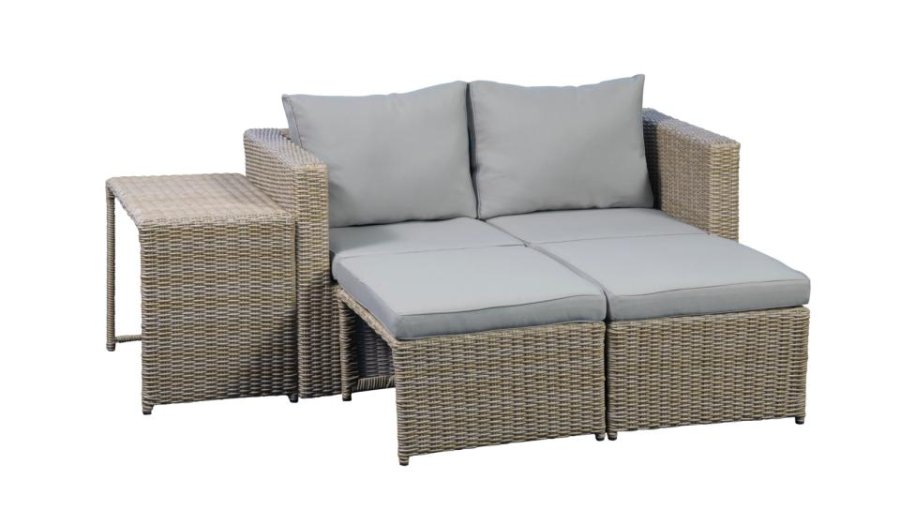 Modulrt utendrs loungesett, med 1 sofa, 1 bord, 2 krakker, beige stoffputer - brun PE-rot (sett med 5)
