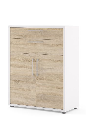TVILUM Prima Bücherregal, m. 2 Türen und 2 Schubladen - weiß/eichenfarbene Folie