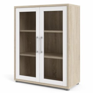 TVILUM Prima bokhylle, m. 2 glassdrer - hvit/eik farget folie