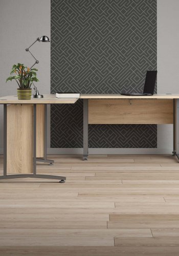 
TVILUM prima hjørneskrivebord - naturfarvet komposittræ, melaminbelagte bordplader, metalstel
