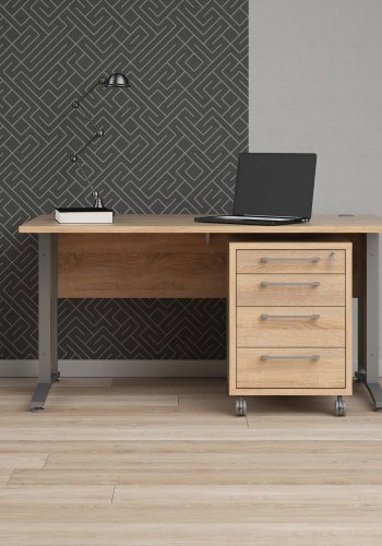 TVILUM Prima Schreibtisch, mit Schubladenelement mit 4 Schubladen - Eichenstruktur, Stahlrahmen (150x80)