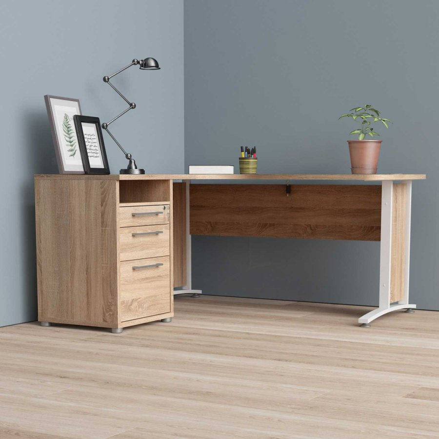 TVILUM Prima hjrneskrivebord - egetrsstruktur, m. 3 skuffer 