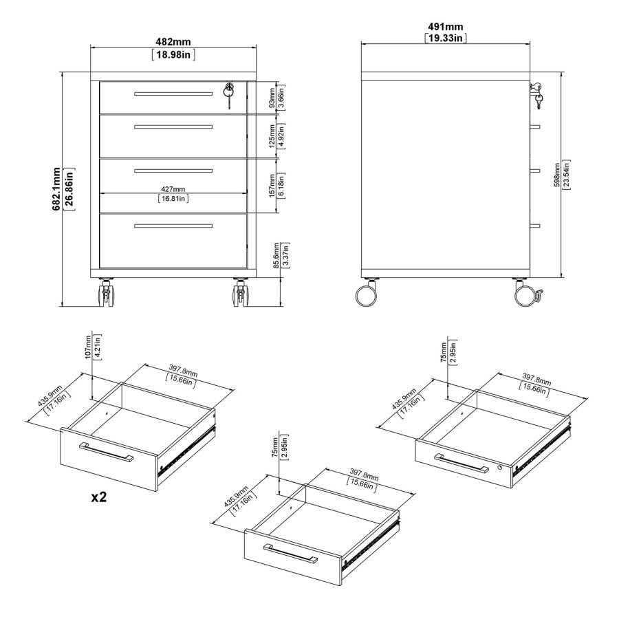 TVILUM Prima skuffesektion - hvid tr, m. hjul, 4 skuffer