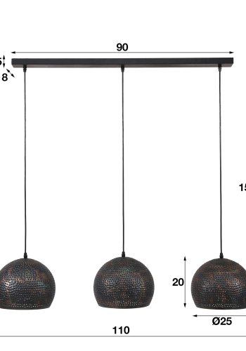 FURBO taklampe, m. 3 runde lampeskjermer - svart/brunt metall (110x25)
