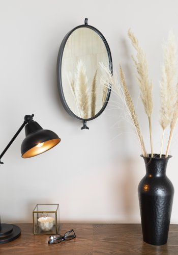 WHITE LABEL LIVING Lara veggspeil, ovalt - speilglass og svart jern (48x34)