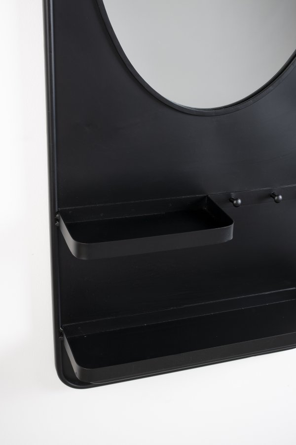 WHITE LABEL LIVING Pascal L veggspeil, m. 2 hyller, 3 kroker, skjerfstang - svart jern (108x53)