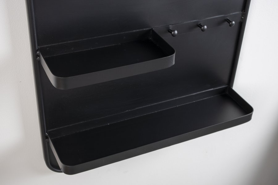 WHITE LABEL LIVING Pascal L veggspeil, m. 2 hyller, 3 kroker, skjerfstang - svart jern (108x53)