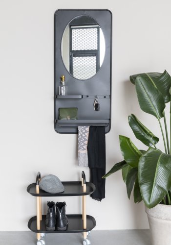 WHITE LABEL LIVING Pascal L veggspeil, m. 2 hyller, 3 kroker, skjerfstang - svart jern (108x53)