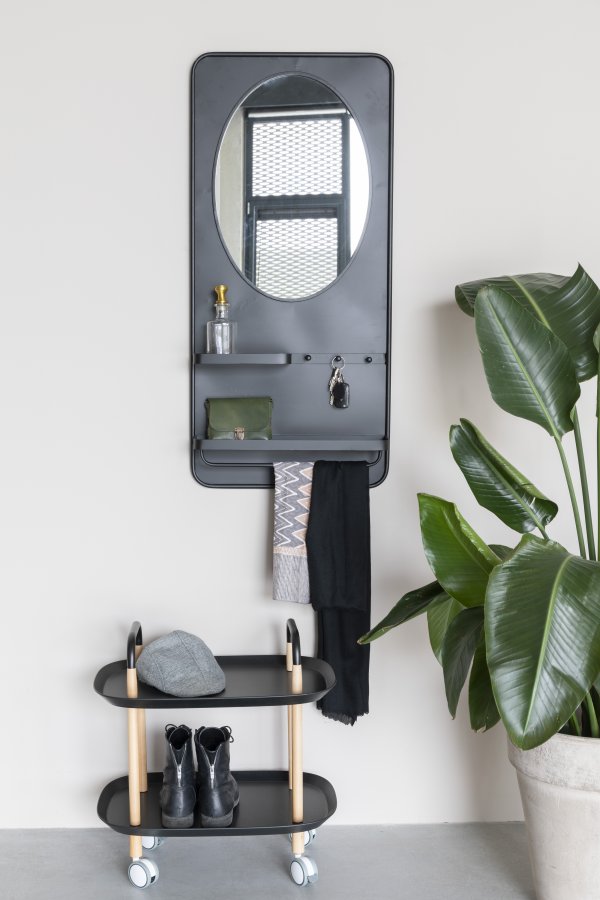 WHITE LABEL LIVING Pascal L veggspeil, m. 2 hyller, 3 kroker, skjerfstang - svart jern (108x53)