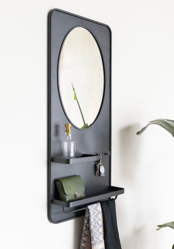 WHITE LABEL LIVING Pascal L veggspeil, m. 2 hyller, 3 kroker, skjerfstang - svart jern (108x53)