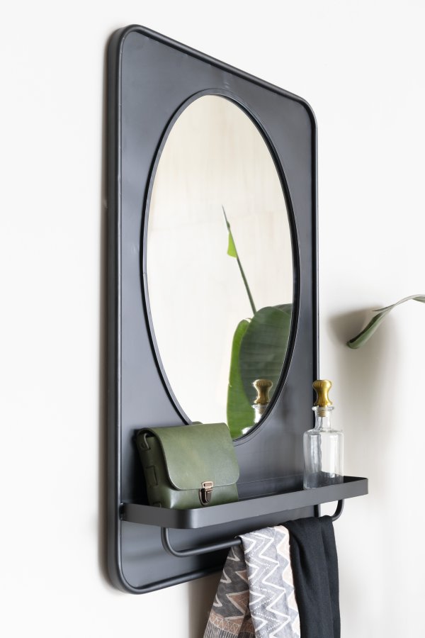 WHITE LABEL LIVING Pascal M veggspeil, m hylle - speilglass og sort jern (80x50)