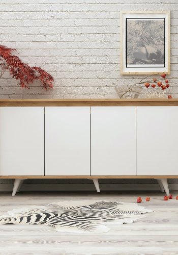 NORDVRK Shans skjenk, med 4 drer og 2 hyller - hvit og naturlig melamin