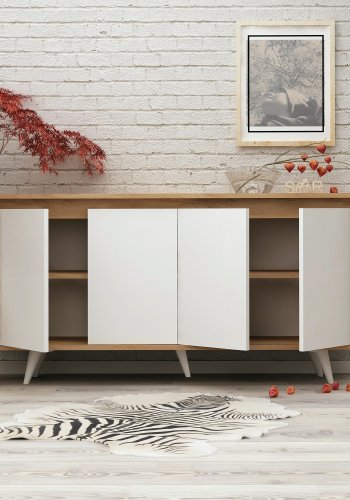 NORDVRK Shans skjenk, med 4 drer og 2 hyller - hvit og naturlig melamin