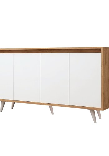 NORDVRK Shans skjenk, med 4 drer og 2 hyller - hvit og naturlig melamin