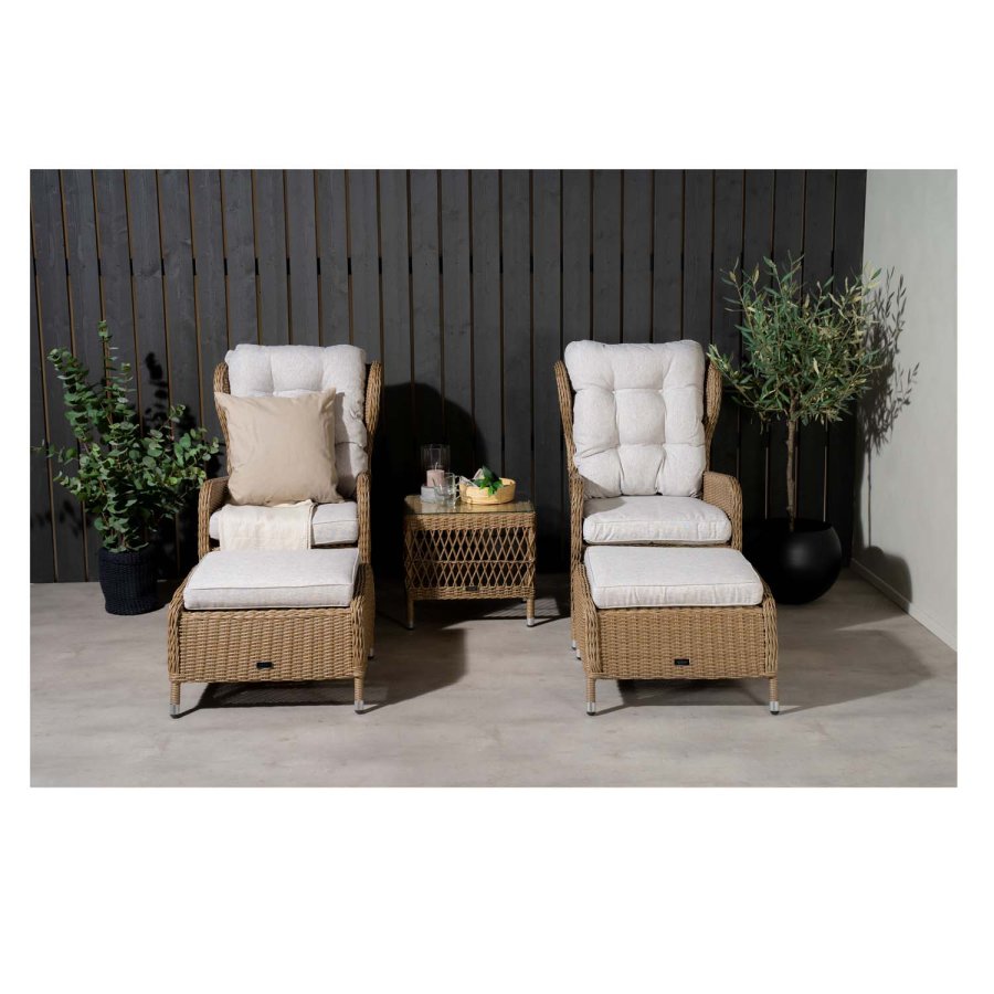 VENTURE DESIGN Washington - Hopfällbar Ftölj Trädgrdsset med Naturfärgade Dynor och Glasbord - Naturlig Rotting