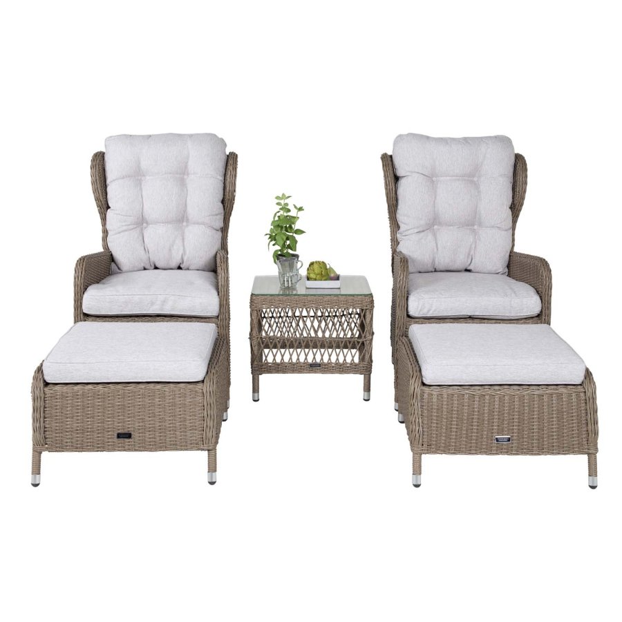 VENTURE DESIGN Washington - Hopfällbar Ftölj Trädgrdsset med Naturfärgade Dynor och Glasbord - Naturlig Rotting