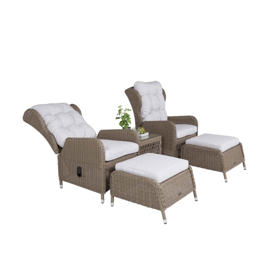 VENTURE DESIGN Washington - Hopfällbar Ftölj Trädgrdsset med Naturfärgade Dynor och Glasbord - Naturlig Rotting