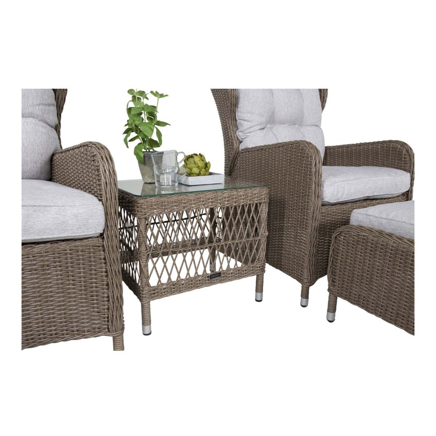 VENTURE DESIGN Washington - Hopfällbar Ftölj Trädgrdsset med Naturfärgade Dynor och Glasbord - Naturlig Rotting