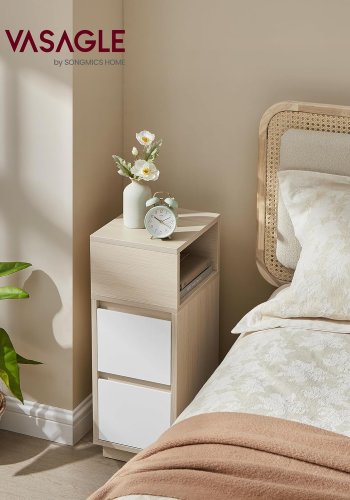VASAGLE Kailyn Collection - Smalt natbord, sidebord, 2 skuffer og �bent rum, venstre- eller h�jremontering, sovev�relse, stue, naturlig beige og skyhvid LET656N01