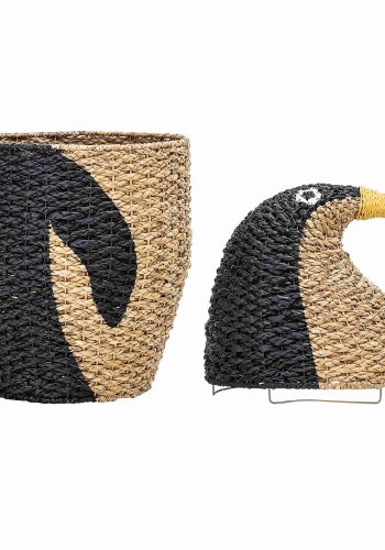 BLOOMINGVILLE MINI kurv - svart/naturlig Bankuan gress, med lokk (H 69)