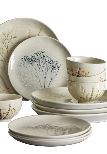 BLOOMINGVILLE Bea Geschirrset, 2x4 Teller und 4 Schüsseln - Natursteinzeug mit Muster (12er-Set)