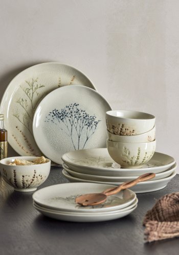 BLOOMINGVILLE Bea Geschirrset, 2x4 Teller und 4 Schüsseln - Natursteinzeug mit Muster (12er-Set)
