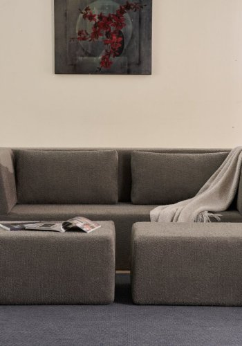 NORDVRK Pirgos 2 pers. sovesofa, m. 2 puffer - gr chenille stof