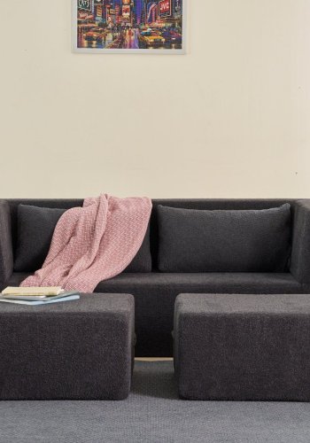 NORDVRK Pirgos 2 pers. sovesofa, m. 2 puffer - antracitgrt chenille stof