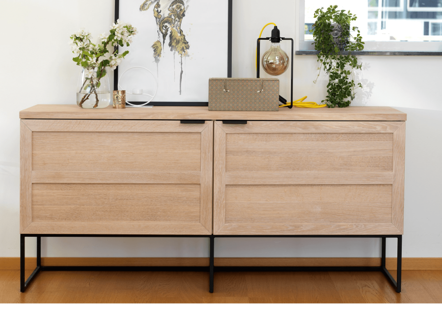 ROWICO rektangulr Everett sknk m. 2 lger og 1 hylde - hvidvasket vildeg og sort metal