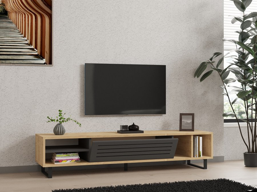 NORDVRK Safir TV-bord, m. 1 dr, 1 hylle, 2 rom - safir og antrasittgr melamin (160x40)