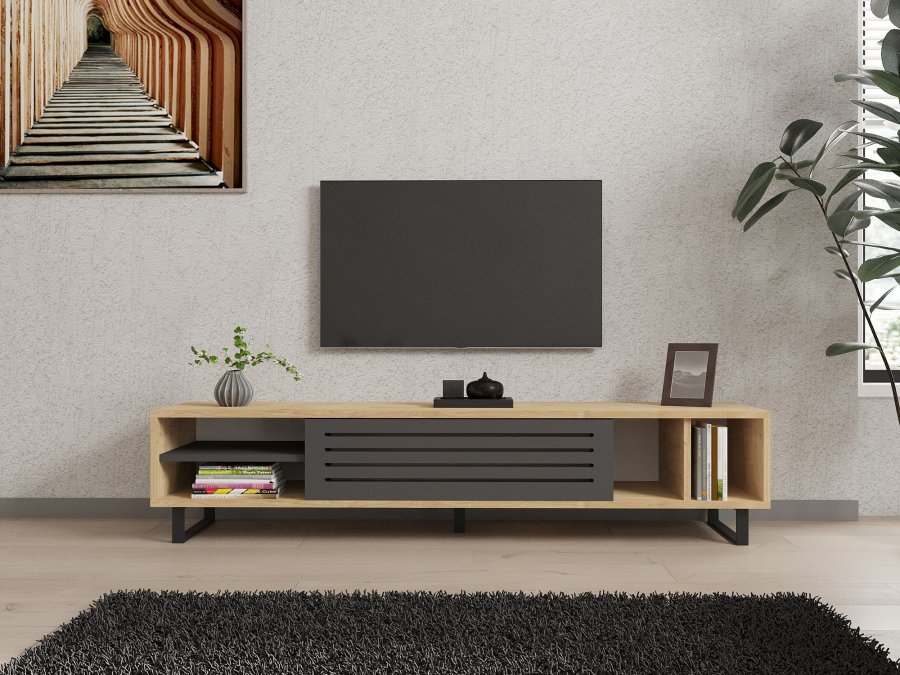 NORDVRK Safir TV-bord, m. 1 dr, 1 hylle, 2 rom - safir og antrasittgr melamin (160x40)