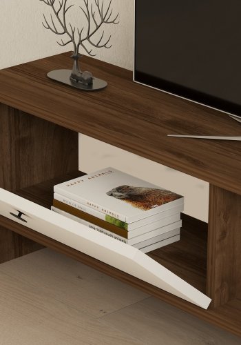 NORDVRK Gaye TV-bord, m. 1 dr og 1 hylle - valntt og hvit melamin (120x25)