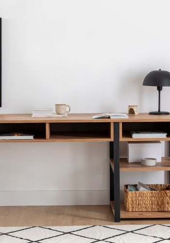 NORDVRK Emro Study skrivebord, med 3 rom og 2 hyller - valntt melamin og svart metall (150x58,4)