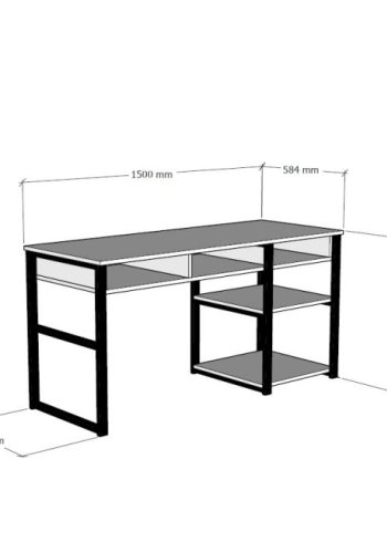 NORDVRK Emro Study skrivebord, med 3 rom og 2 hyller - valntt melamin og svart metall (150x58,4)