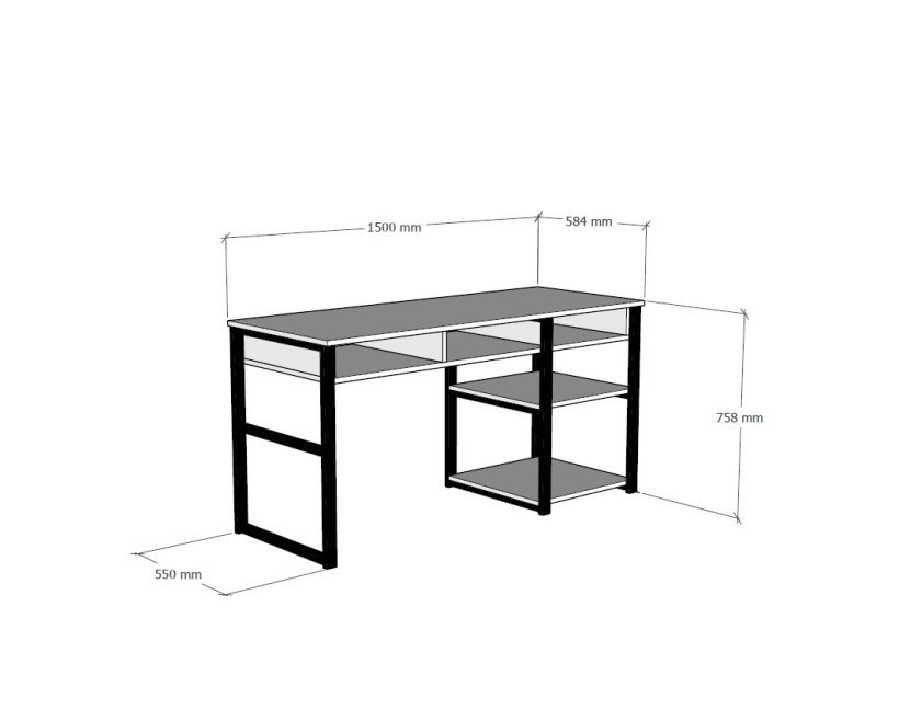 NORDVRK Emro Study skrivebord, med 3 rom og 2 hyller - valntt melamin og svart metall (150x58,4)
