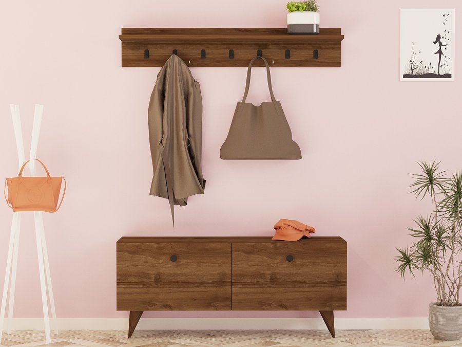 FUNZI LIVING Rupa entrsett, med hattehylle og skap - valnttfarget melamin