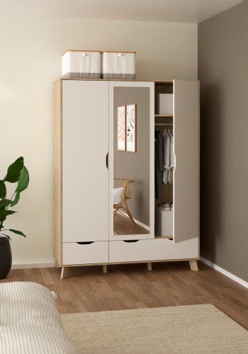 TVILUM Ikast Kleiderschrank mit 2 T�ren + 1 Spiegelt�r + 2 Schubladen, Jackson Hickory/Wei�, 147,2 x 58,1 x 201 cm