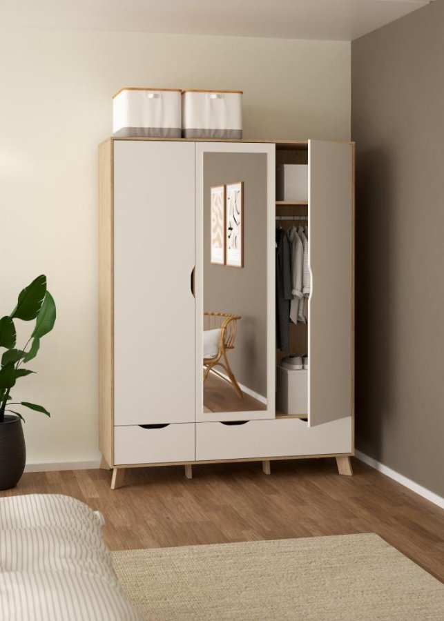 TVILUM Ikast Kleiderschrank mit 2 Türen + 1 Spiegeltür + 2 Schubladen, Jackson Hickory/Weiß, 147,2 x 58,1 x 201 cm