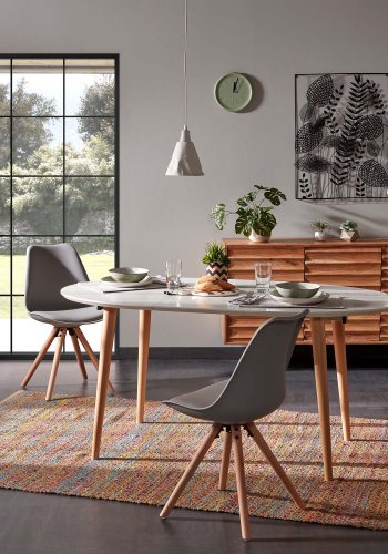 KAVE HOME ovalt Oakland spisebord, med uttrekk - hvit MDF og naturlig bketre (140(220)x90) 