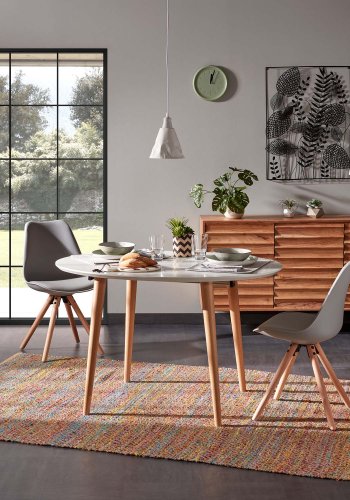 KAVE HOME ovalt Oakland spisebord, med uttrekk - hvit MDF og naturlig bketre (140(220)x90) 