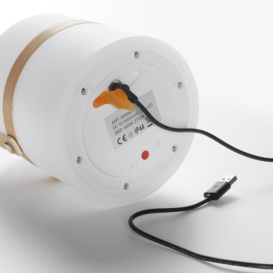 KAVE HOME rund Janvir LED bordlampe - hvit plast og naturlig tre