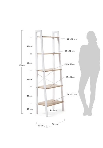KAVE HOME rektangulr State reol m. 5 hyller - naturlig melamin og hvitt stl (56x172)