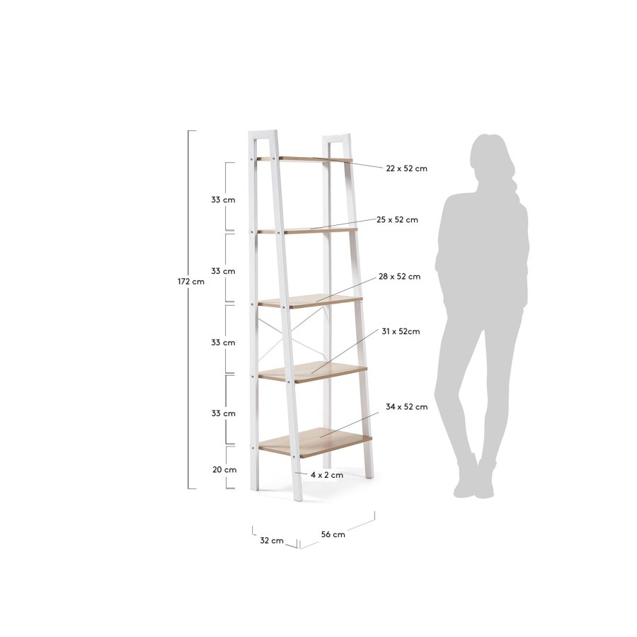 KAVE HOME rektangulr State reol m. 5 hyller - naturlig melamin og hvitt stl (56x172)
