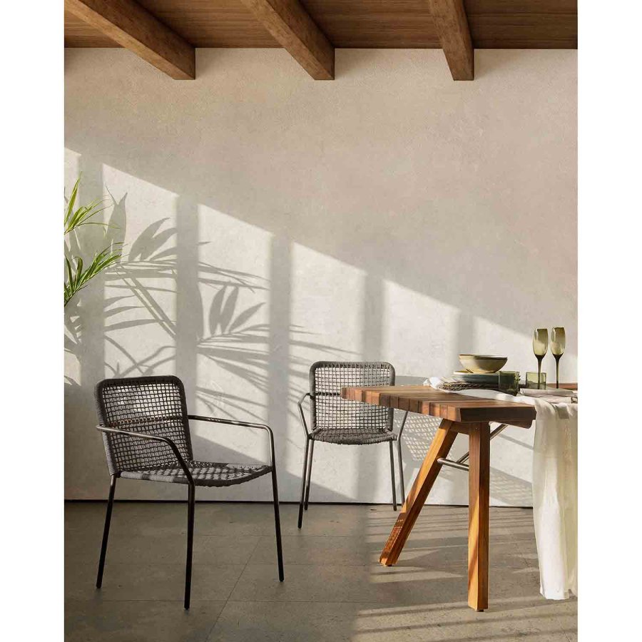 KAVE HOME Boomer spisestuestol med armlener - mrkegrtt tau og grtt stl