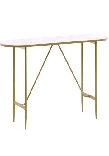 KAVE HOME ovalt Elisenda konsollbord - hvitt glass og gull stl (110x35)