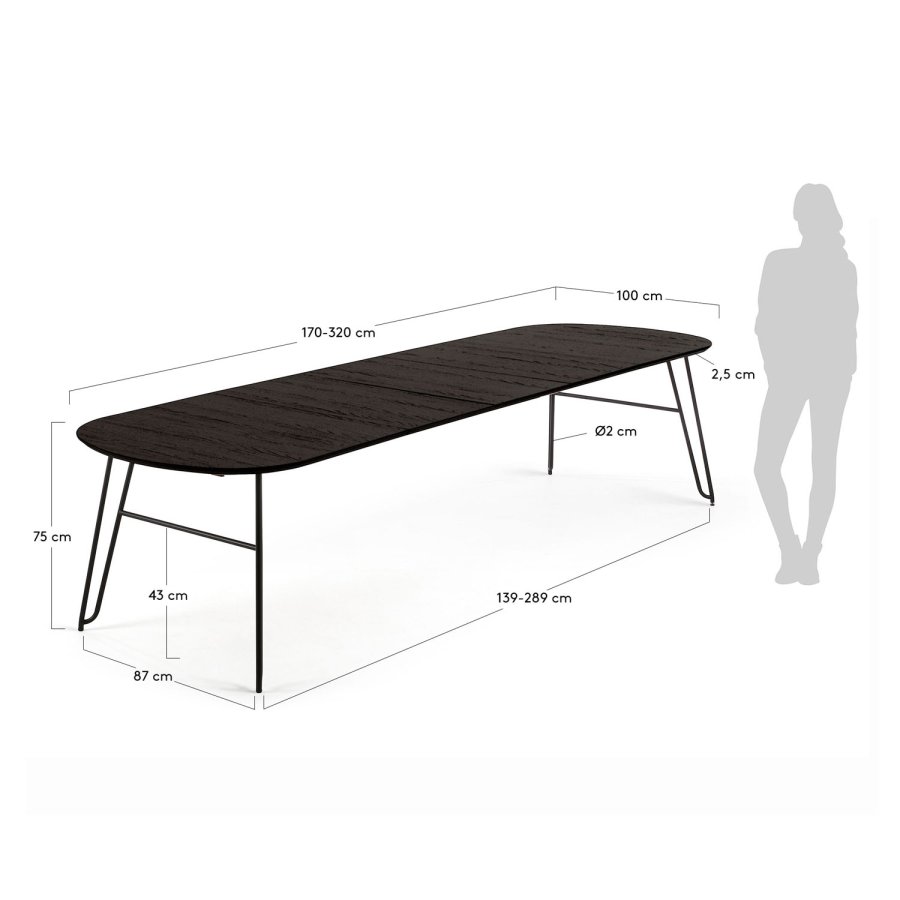 KAVE HOME rektangulrt Norfort spisebord med uttrekk - svart tre og metall (170(320)x100) 