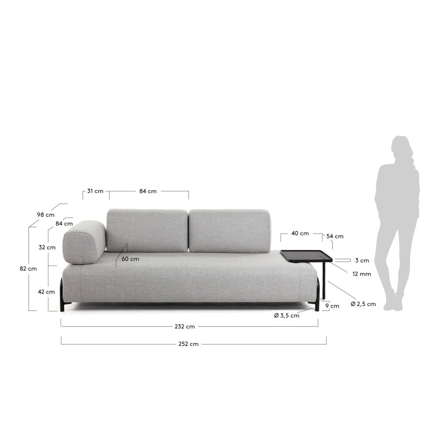 KAVE HOME Compo 3-manns sofa med stort brett - beige stoff og metall 