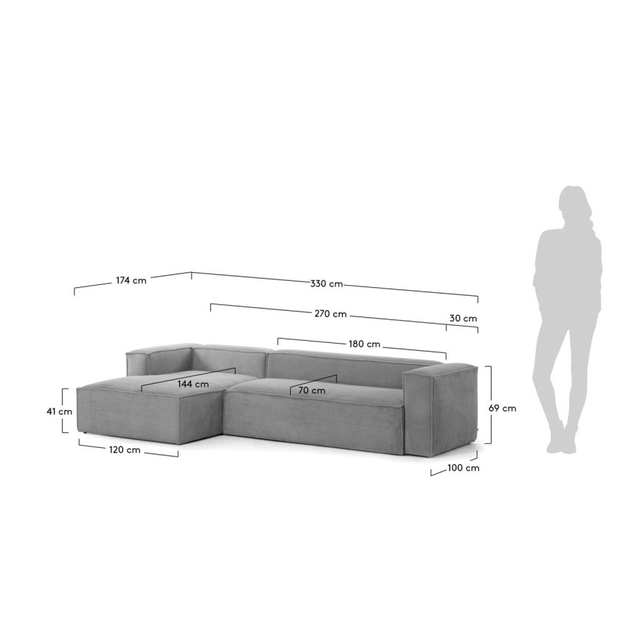 KAVE HOME Block 3-manns sofa med venstre sjeselong - gr� fl�yel 