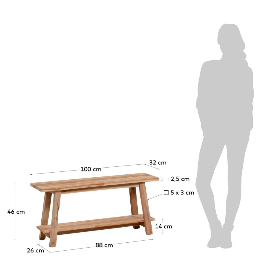 KAVE HOME rektangulr Safara benk, m. hylle - naturlig resirkulert teak (100x32)